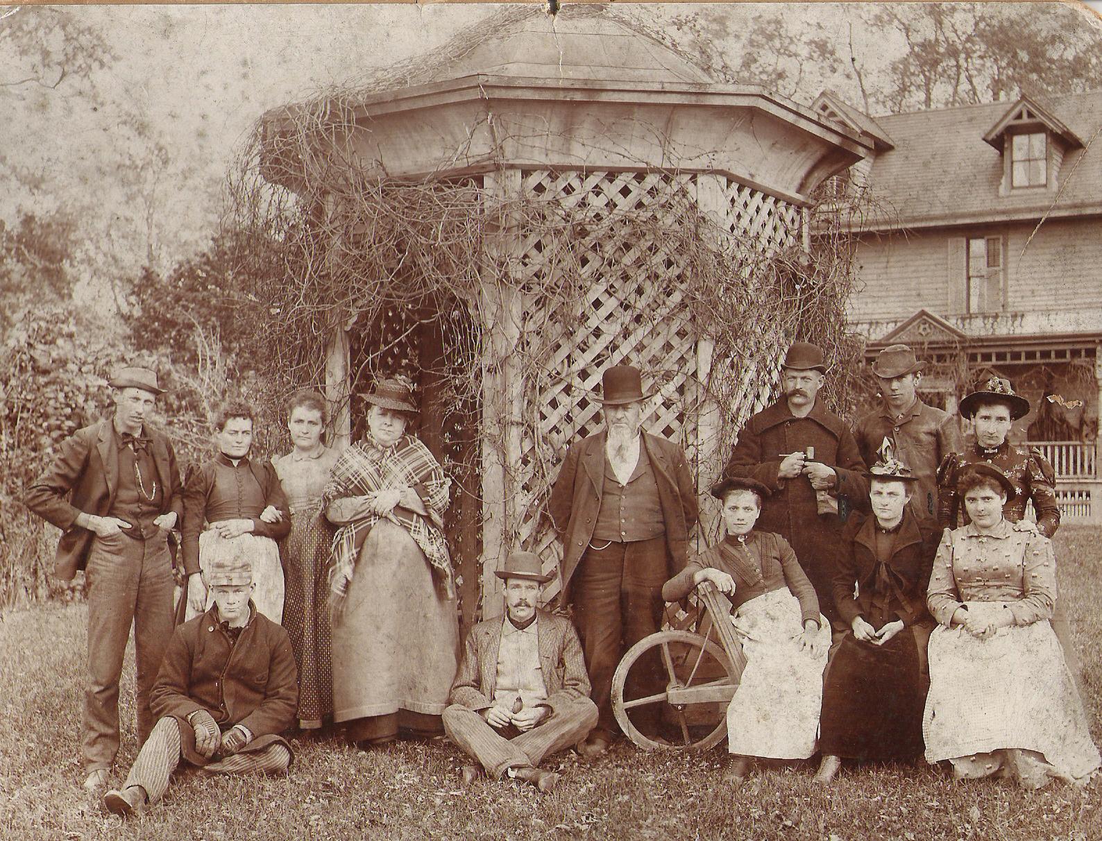 Cupola after removal from Union School (circa 1890), as a Gazebo at Campbell House, with  some 1892 grape harvest workers.